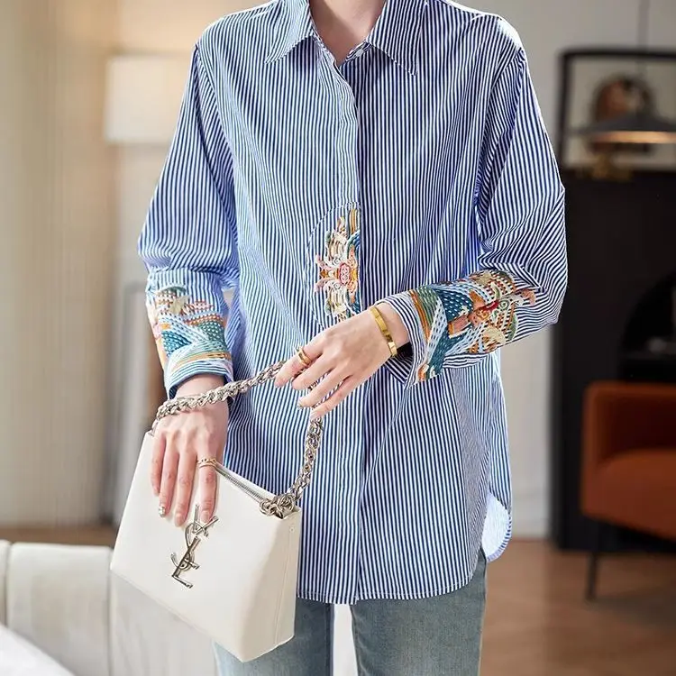 2024 Spring OL Chinese Style Embroidered Striped Long Sleeve Shirt Design Versatile Professional Shirt Women's Wear