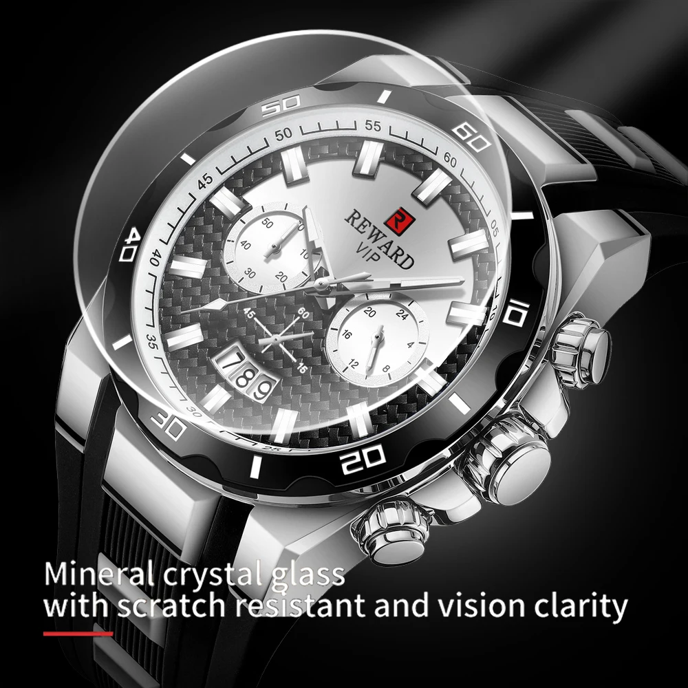 Black REWARD Quartz Watches Multi-functional Dial Silicone Band Sport Men Watch Hommes Montres