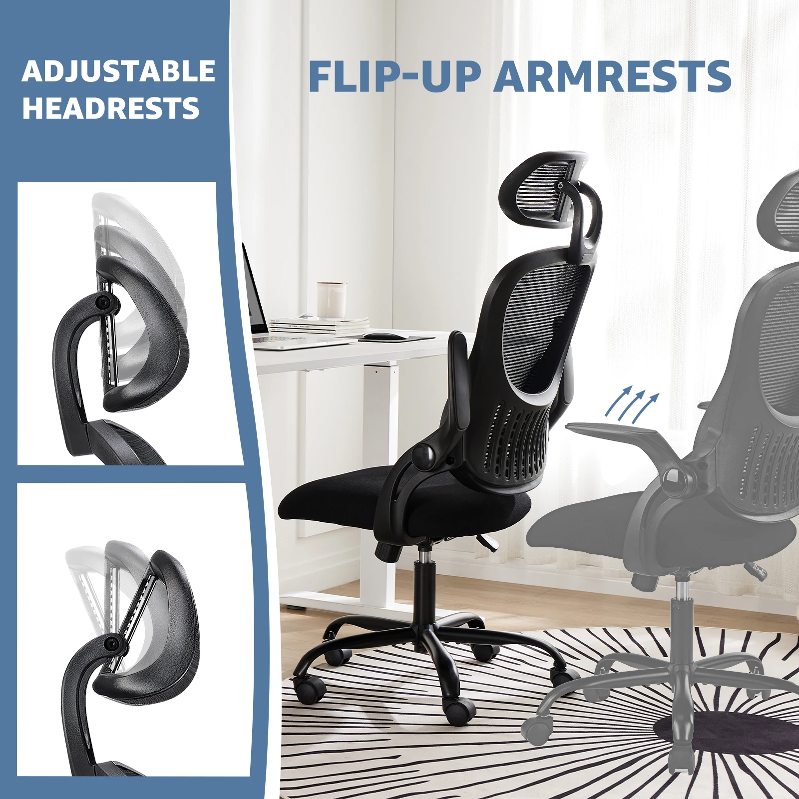 

Ergonomic Office Computer Desk Chair, Mesh High Back Rolling Swivel Adjustable Task Chair with Headrest and Flip-up Armrests, Chair with Wheels, Black