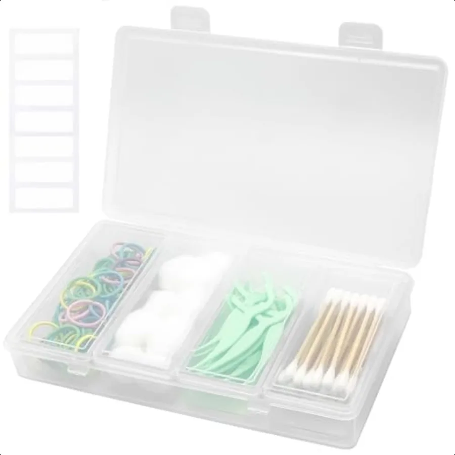 旅行用綿棒ホルダー 4 in 1 ポータブル小型デンタルフロスホルダー 旅行用フロスピックケース 防塵蓋付き 透明プラスチック製