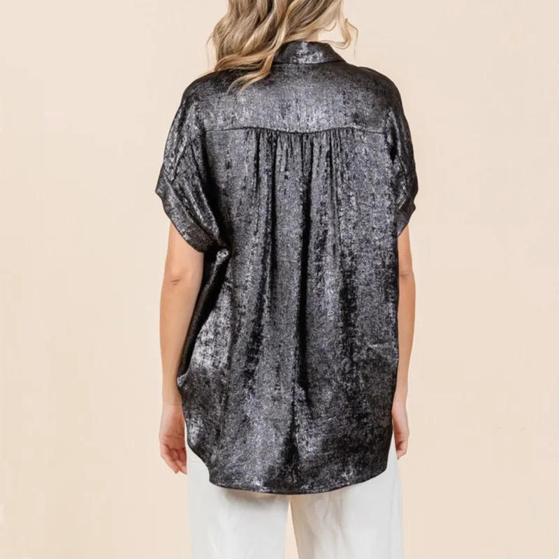 Blusa de manga batwing metálica feminina, camisa solta, nova moda, 2024