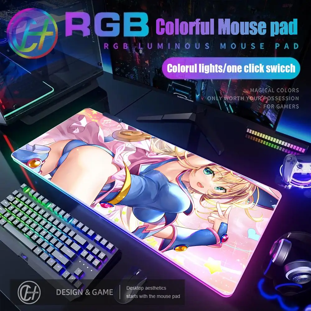 

Yu Gi Oh Dark Magician Girl RGB Mouse Pad Large Gamer Deskmat Non-slip LED Mat Office Carpet Computer Accessories Mausepad Mats