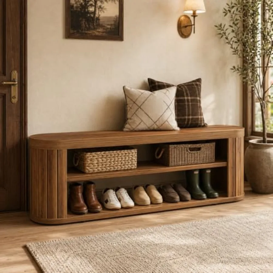 Entryway bench for home use, engineered wood in walnut brown, 3-tier design with concealed shoe storage and smooth matte finish
