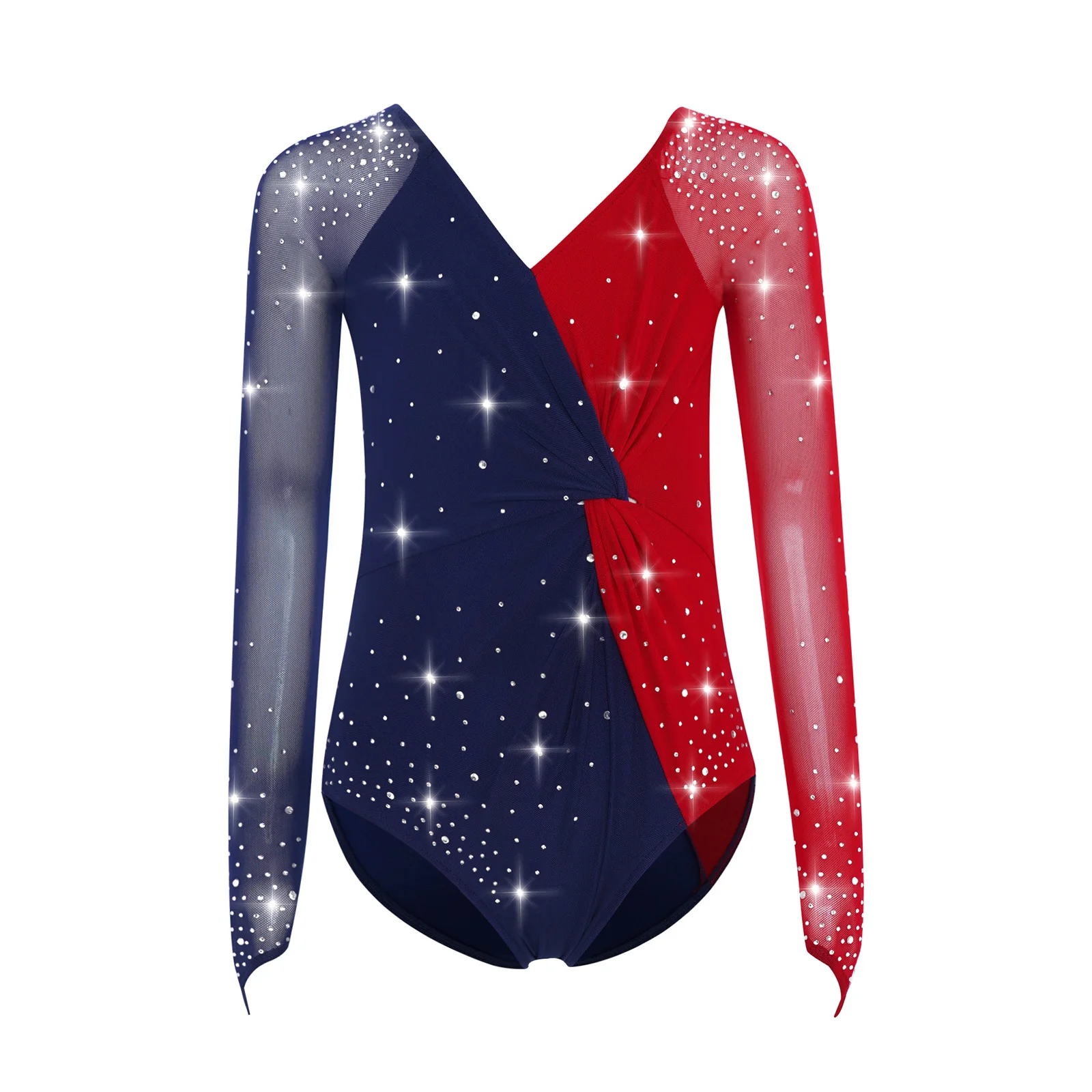 

Kids Girls Gymnastics Figure Skating Dance Leotard Sheer Mesh Long Sleeves Cross V-Back Knot Font Color Block Ballet Bodysuit