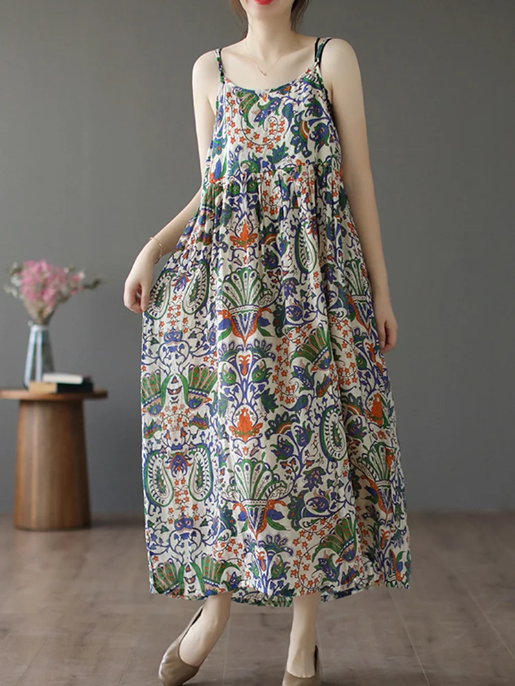 High-End Japanese Brand Women's Cotton Linen Floral Dr Loose Slimming Linen Strap Vest Long Dr Floral Print Commute Sle