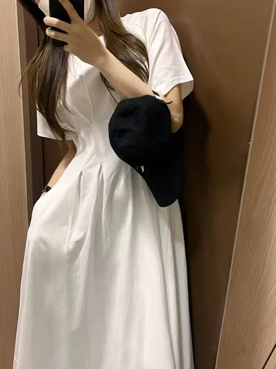 Chic ort Sve T-shirt Dr femme ronde Ne taille plissée minceur Simple Match a-ligne jupe longue tendance coton Dr