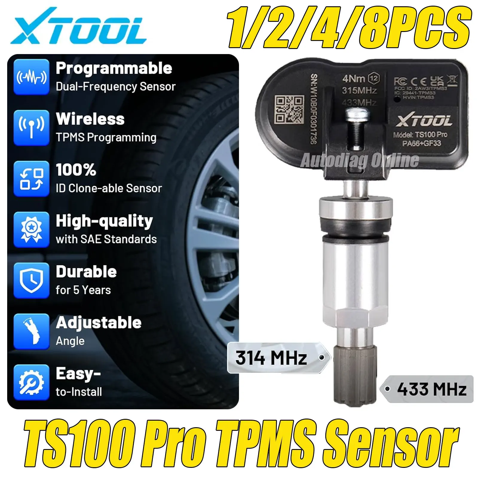 

Датчик TPMS XTOOL TS100 PRO 315 МГц и 433 МГц 2-в-1, универсальный датчик давления в шинах для TP150, инструмент для ремонта шин
