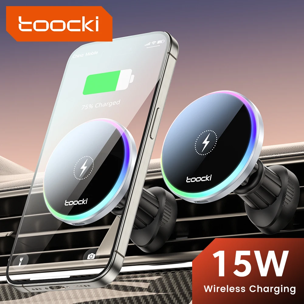 Toocki RGB Magnetic Car Phone Holder 15W Wireless Charger Car For iPhone 15 14 13 Pro Max Samsung Phone Car Charger Holder Stand