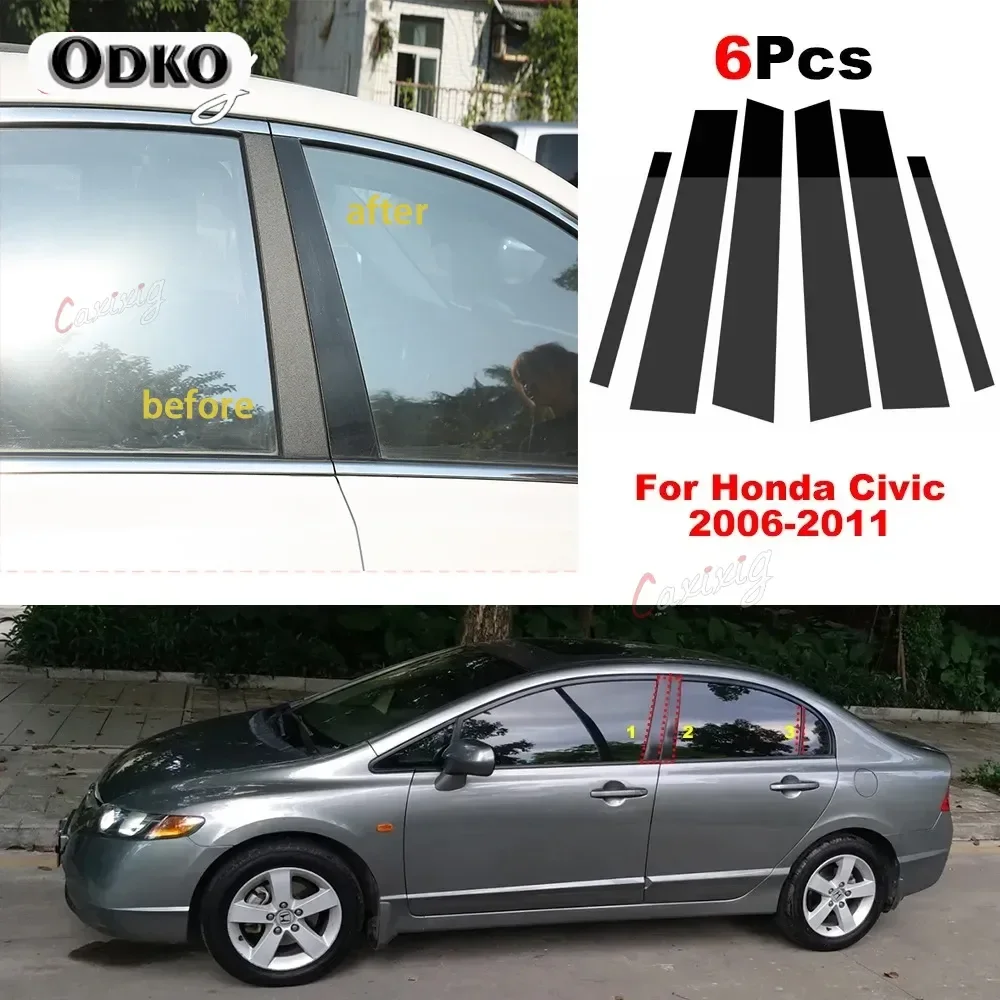 6Pcs Car Window Pillar Posts Cover Trim for Honda Civic 2006-11 Center BC column stickers For Honda Civic 2006-11 Mirror effect