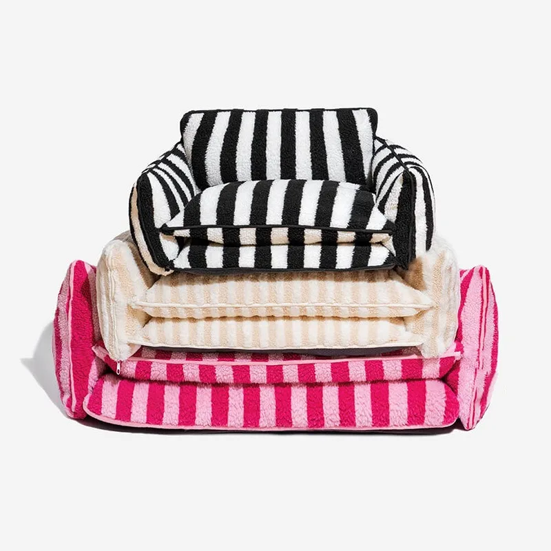 

XL Double-Layer Soft Comfortable Cat Nest Orthopedic Dog Bed Striped Lamb's Wool Detachable Cover for Small Animals Pet Beds