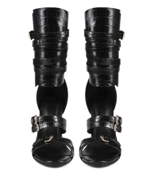 Sexy Black Leather Open Toe Cross Belt Buckle Strappy Sandals Hollow Ankle Wrap Stiletto Heels Fashion Party Stage Long Sandals view 4