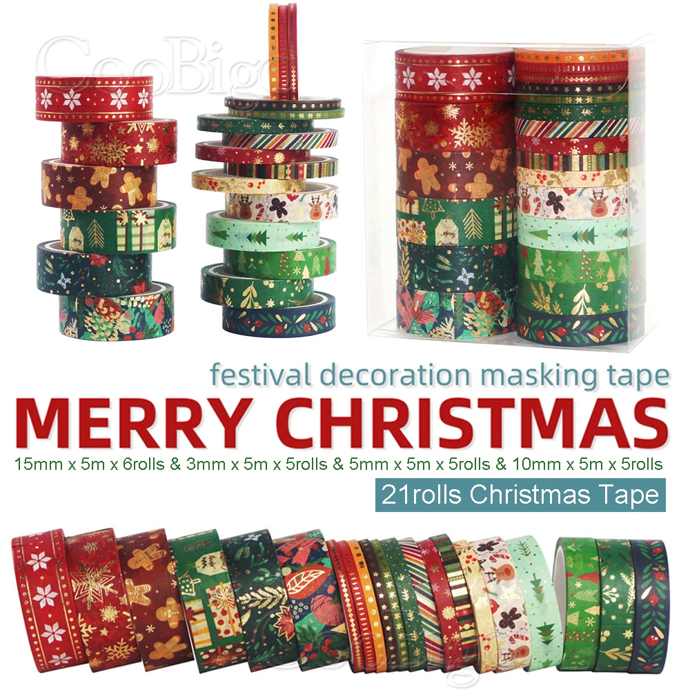 Christmas Washi Tape Set Gold Foil Masking Adhesive Paper Sticker Aesthetic Diary Notebook Scrapbook Decor Supplies 21Rolls/Lot