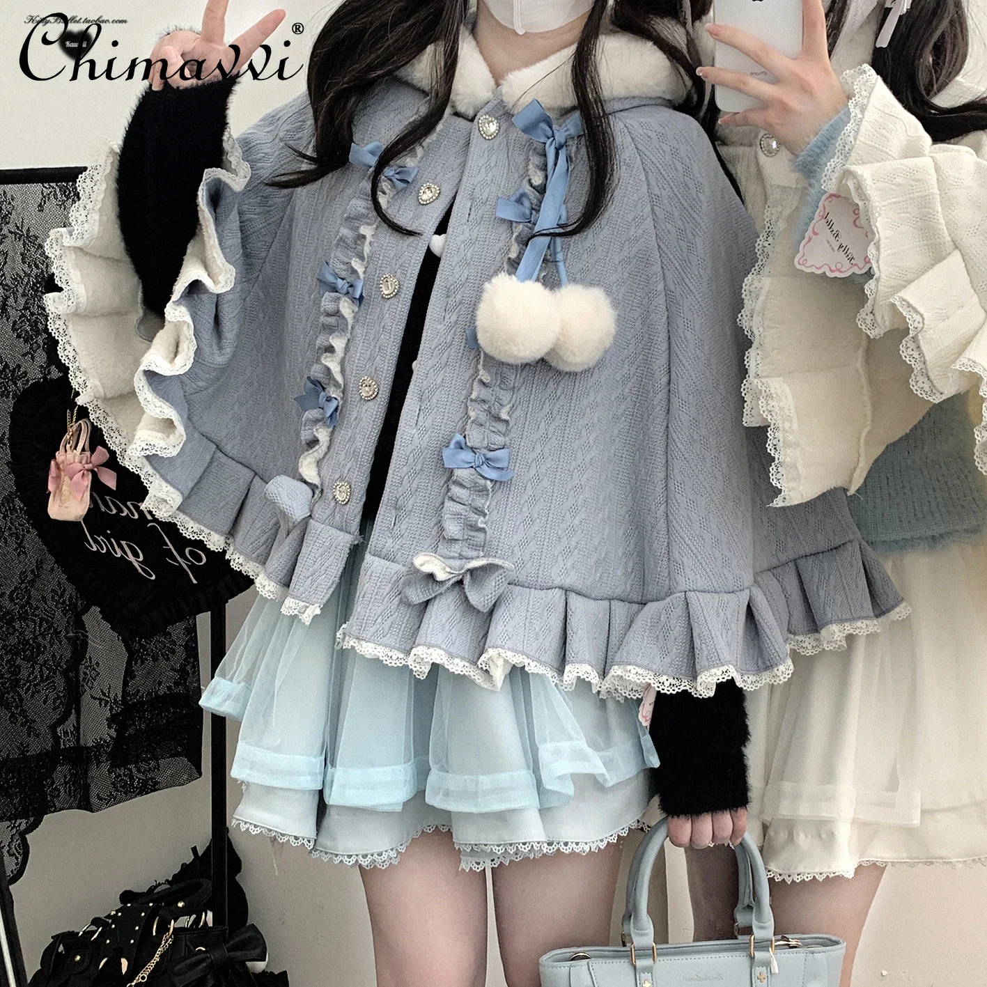 Sweet Girl Kawaii Diamond Buckle Cape Jacket Autumn and Winter Japanese Mines Loose Cute Bow Hooded Velvet Small Shawl Coat