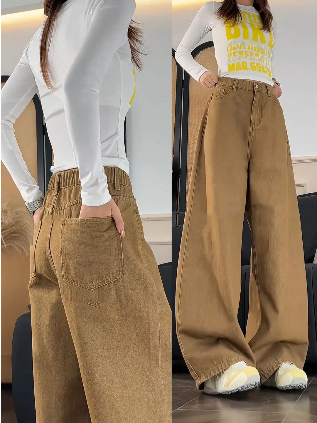 

Khaki Wide Leg Workwear Jeans High Waist Slim Straight Legged Pants Washed Vintage Long Trousers for Men Autumn Season