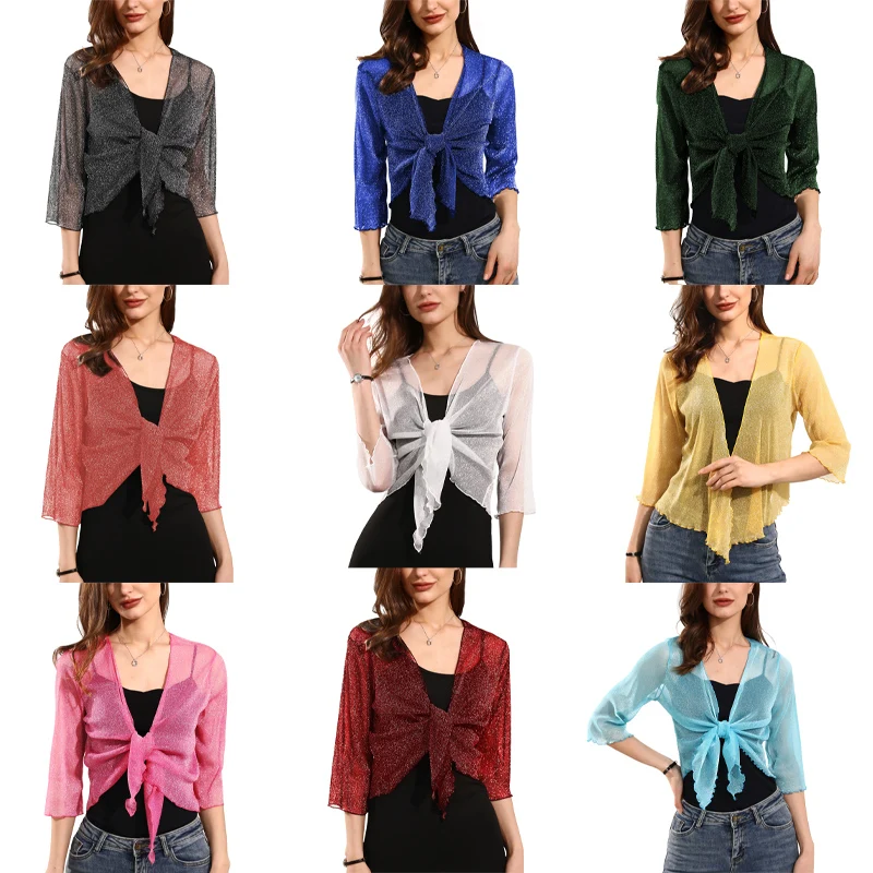 Coprispalle da donna trasparente lucido con cravatta, cardigan aperto sul davanti, top in maglia leggero sopra il cappotto per la medicazione quotidiana all'aperto per adulti