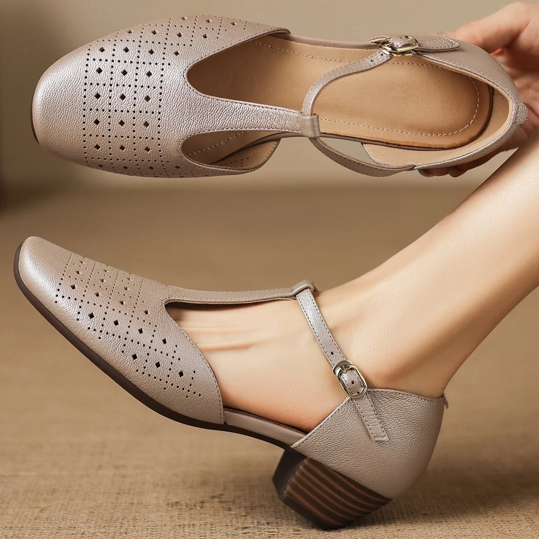 

danxuefei 2026 summer new women's cow leather t-strap sandals hollow-out square toe 3.5cm kitten heel summer slim dress shoes
