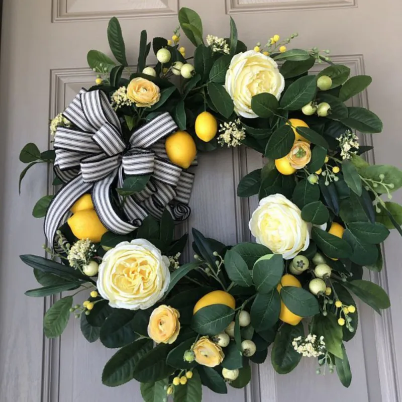 40cm Yellow Lemon Wreath with Weaving Plant Artificial Rose Decoration Simulation Leaves Front Door Hanging Garland for Wedding