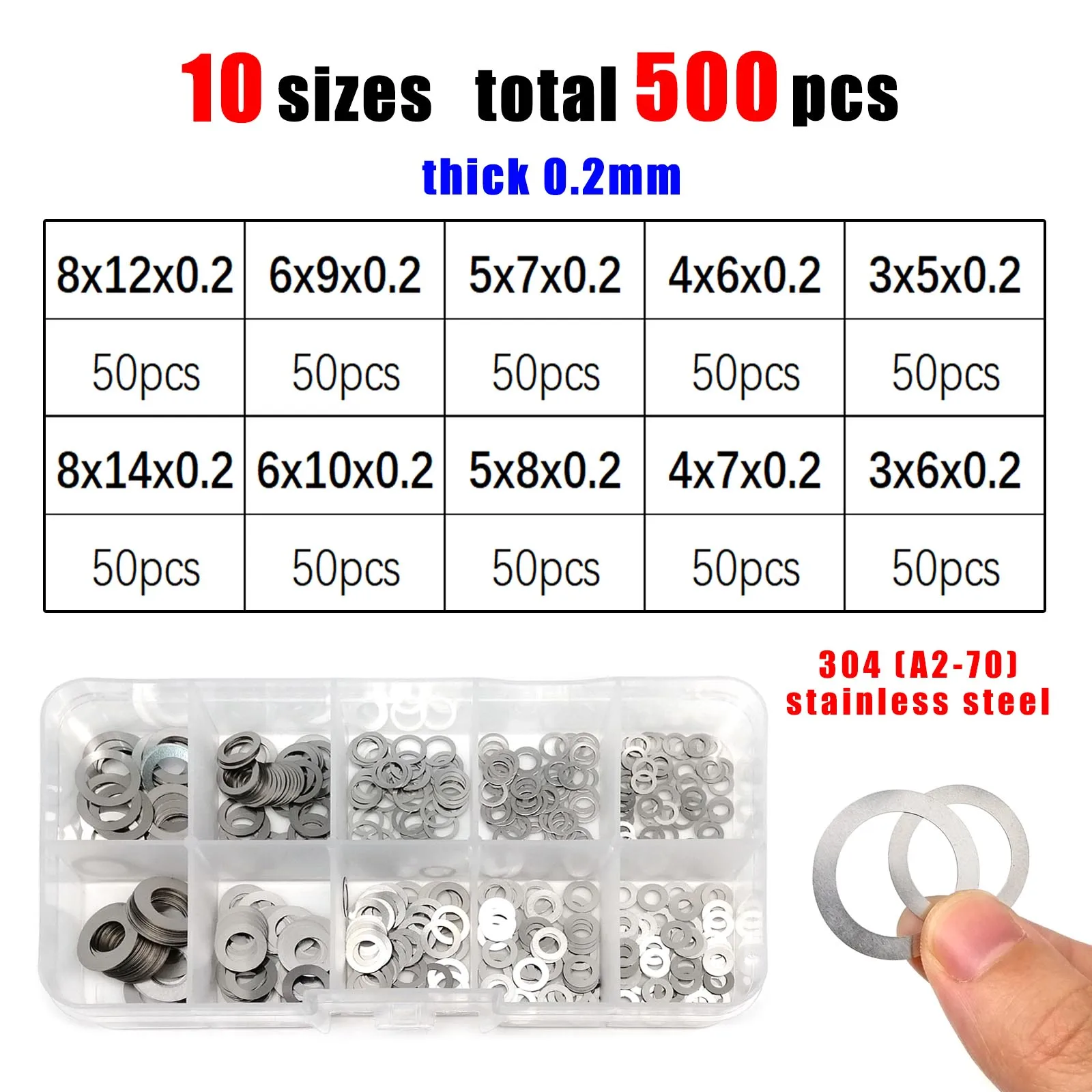 1 Box ultradünne, verstellbare Unterlegscheiben, verschiedene Größen: 0,1 mm, 0,2 mm, 0,3 mm, M3 bis M20, ultradünnes Flachdichtungsset, Edelstahl 304 – Detail 7