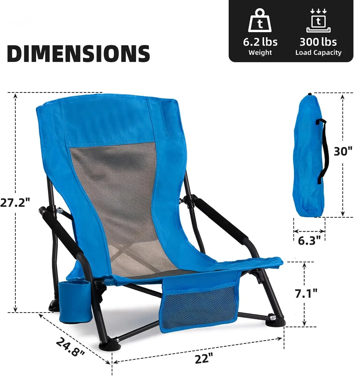 Outdoor Beach Chair for Adults Set of 2 PCS Portable Lightweight Low Back Sling with Cup Holder, 300lbs Capacity Camping Patio
