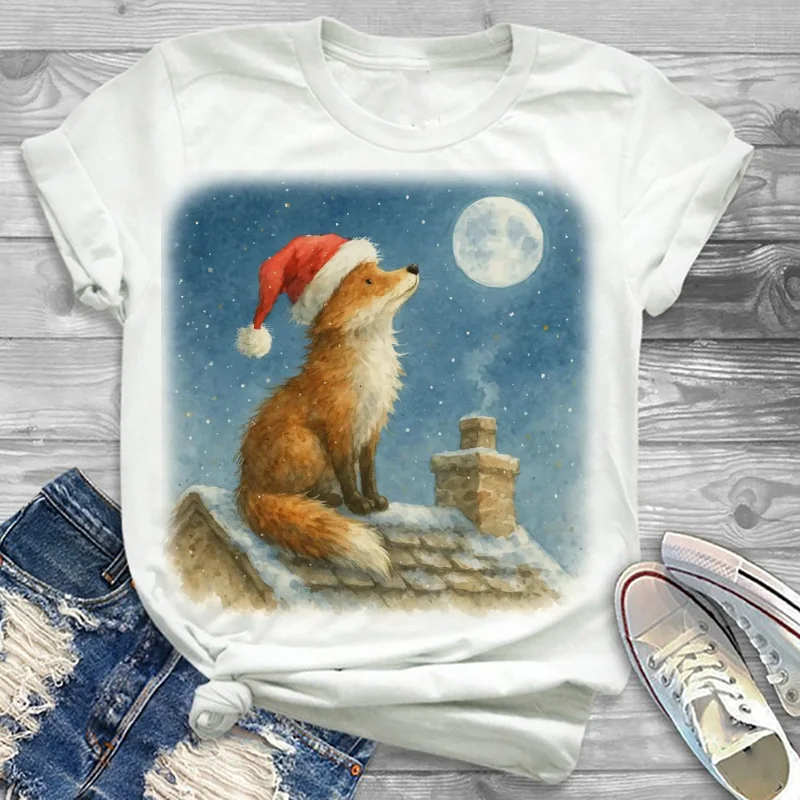 T-Shirt Print Trendy Cartoon Fox Christmas Hat Roof Moon Women's O-Neck Top Cute Style Casual Clothes Women's White T-Shirt