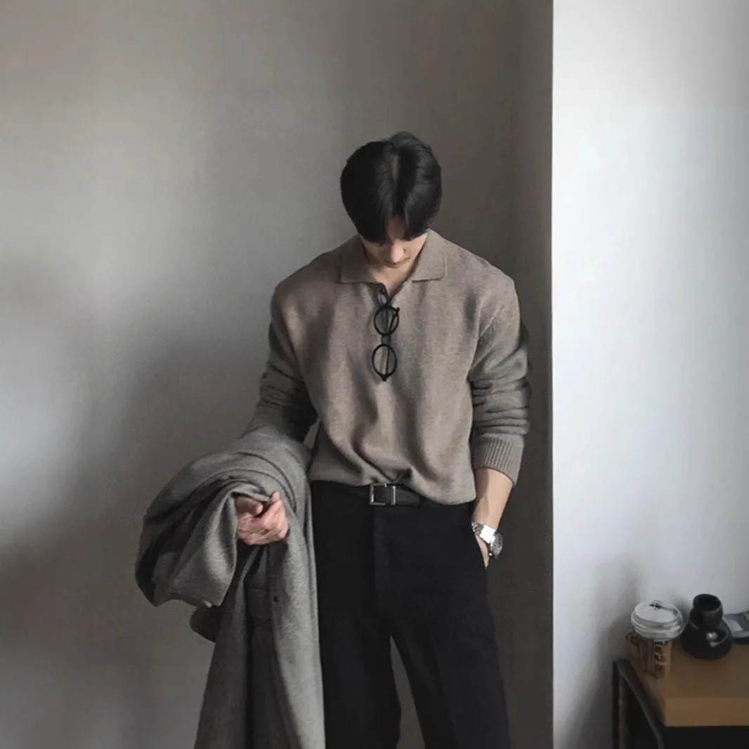 

Korean mercerized cotton knitted men's European products slim lapel long-sleeved sweatshirt with base wool Paul shirt