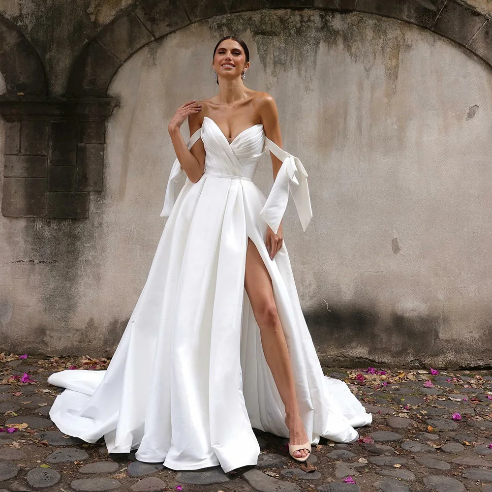 

2025 Wedding Dresses Women Sweetheart Bow Pleated High Slit Button Bridal Gown Elegant Satin Wedding Party Dress Customized