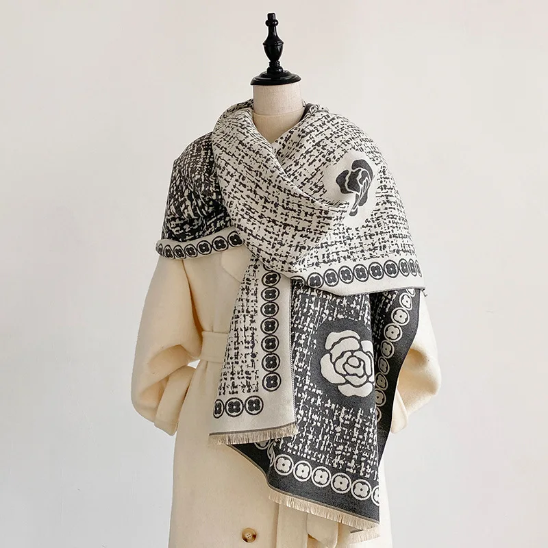 Scarf Women Camellia Border Double Sided Jacquard Imitation Cashmere Shawl Tassel Autumn Winter Warm Wrap Fashion Commute