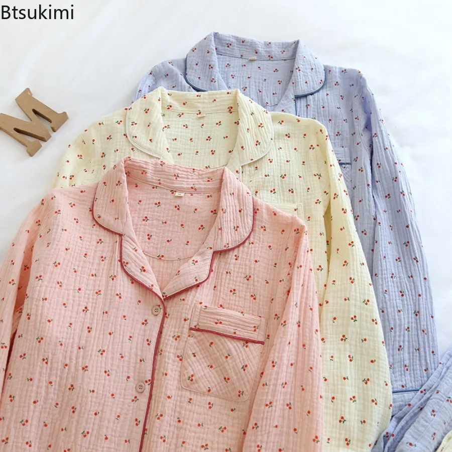 2025 Spring Autumn Pajama Sets for Women 100% Cotton Soft Comfort Lapel Cardigan Pants Two Piece Sets Sweet Cute Women Sleepwear
