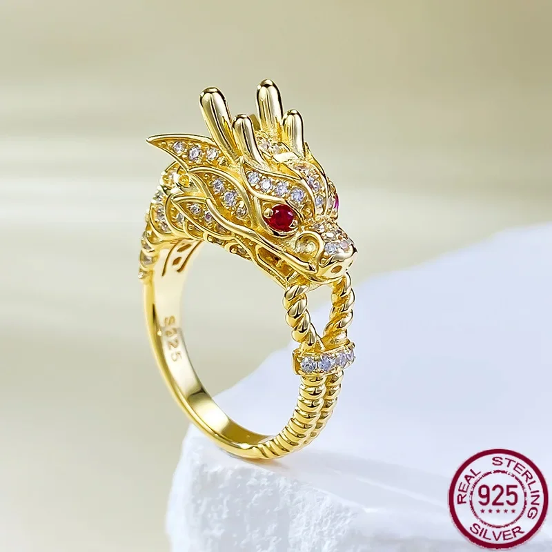 

New S925 Silver Plated China-Chic Golden Dragon Dominant Leader Ring Can Wear Dragon Ring Wedding Jewelry