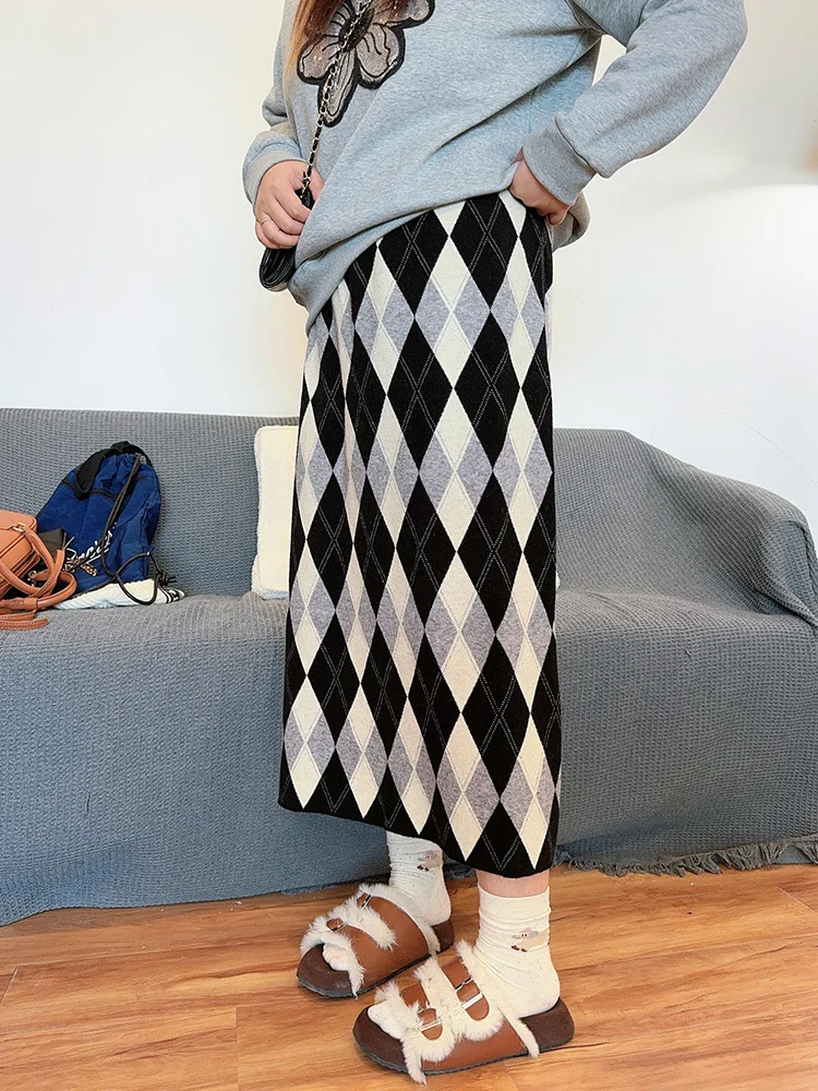 

V-Ne A-Line Knitted f Skirt with Lace And Diamond Pattern for plus Size Women Mid-Length High Waist Polyester Blend