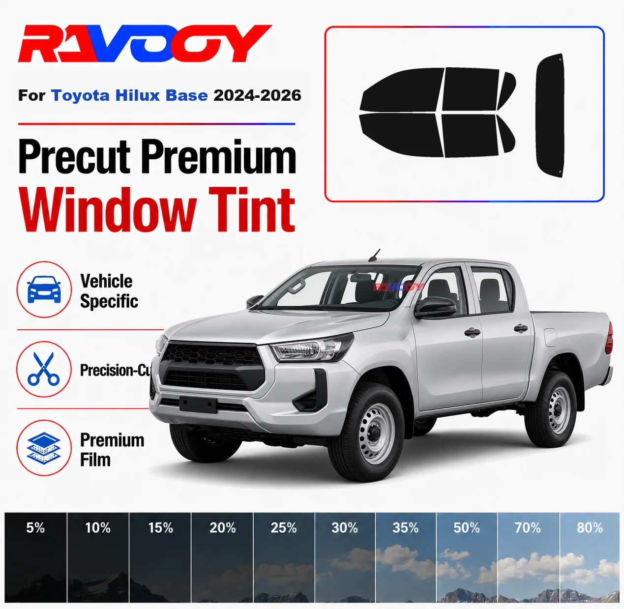 Premium Precut Window Tint Kit Front Rear Windows Rear Windshield For Toyota Hilux Base 2024-2026 Complete Set Nano Ceramic Film