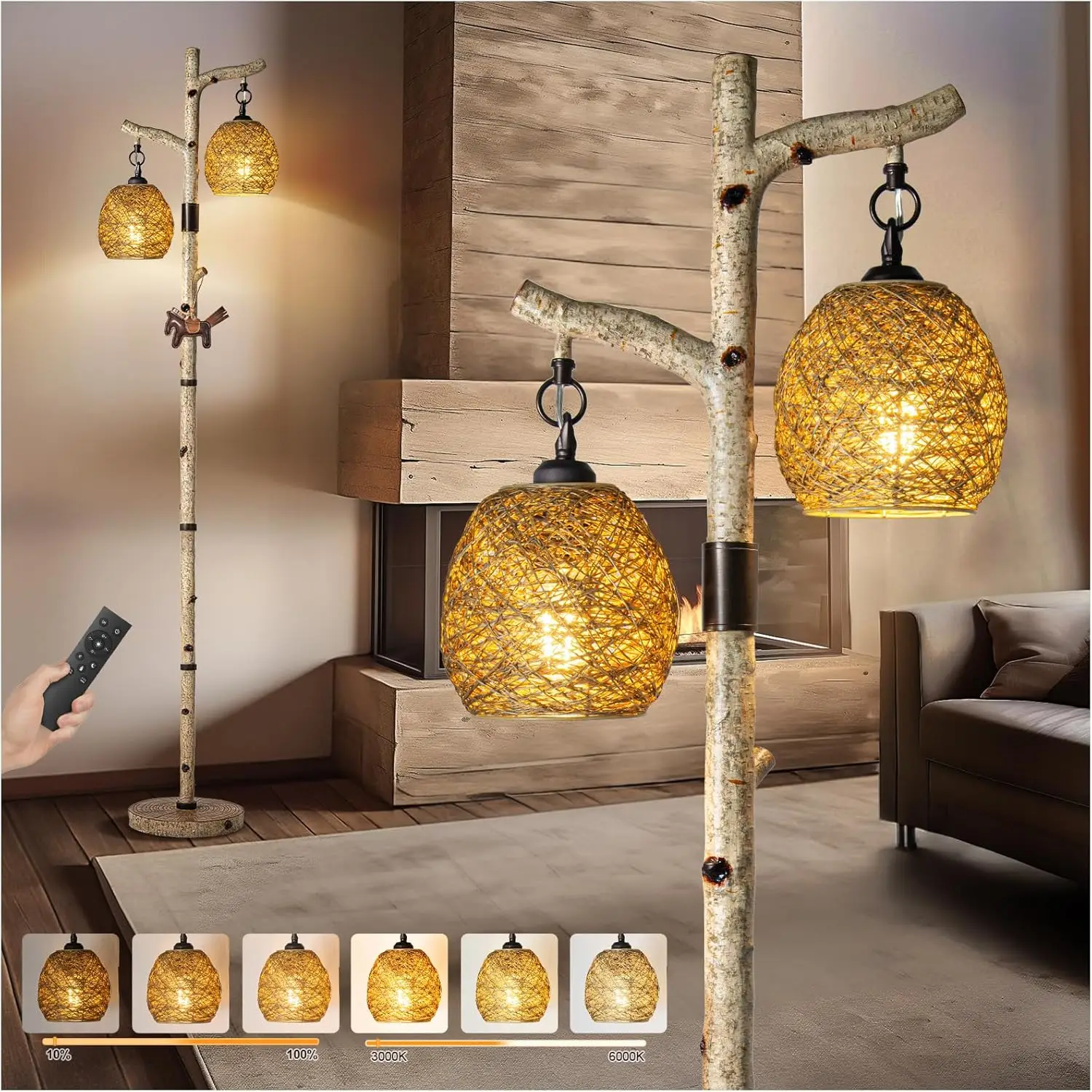 Control Switch Birch Tree Floor lamp with Bird Nest Lantern Shade Vintage Standing Lamp