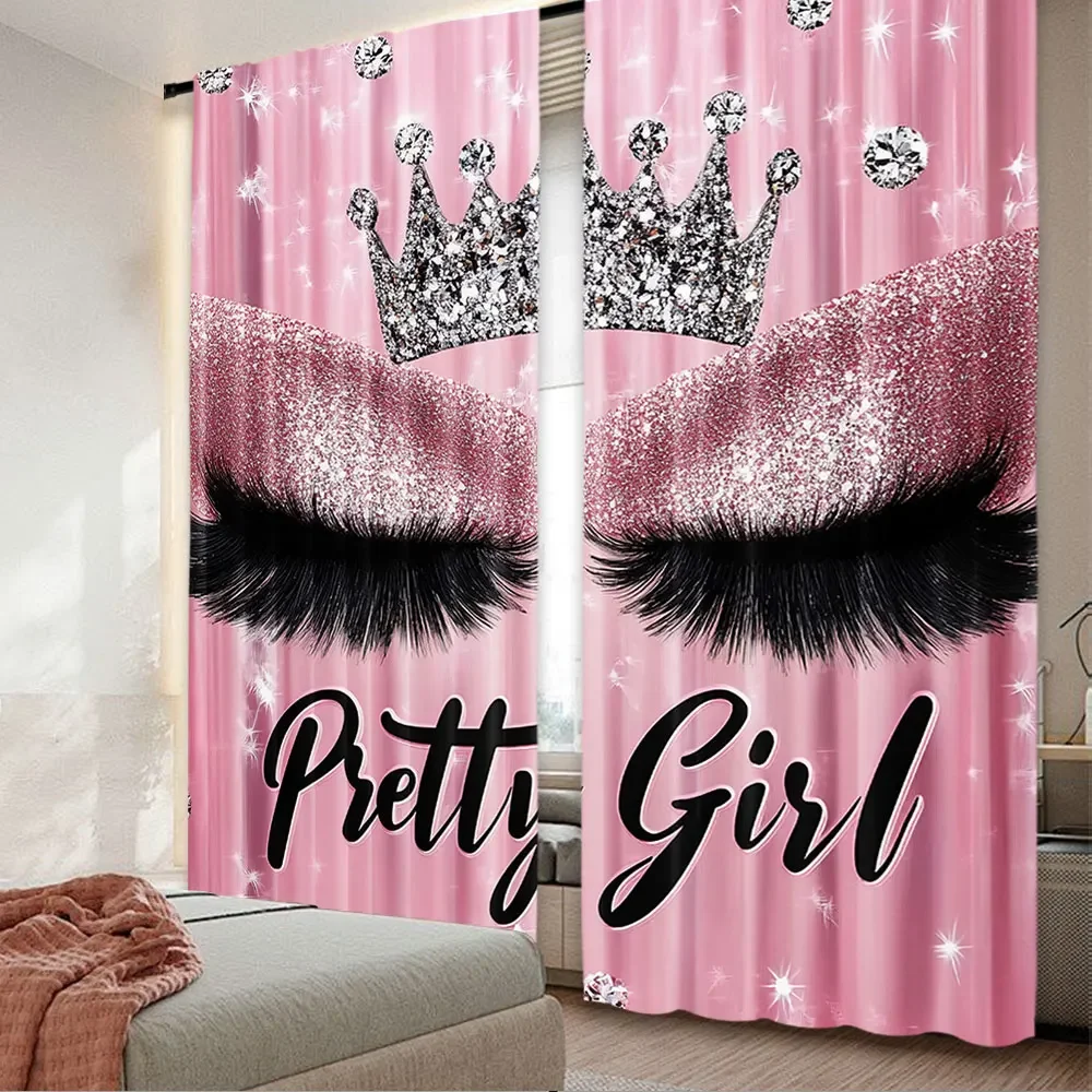 

2Pcs Eyelash Curtainsstylish Pink Sparkles Blackout Curtains Adult Eyelash Diamond Aesthetic Curtains Drapes Makeup Eyelash