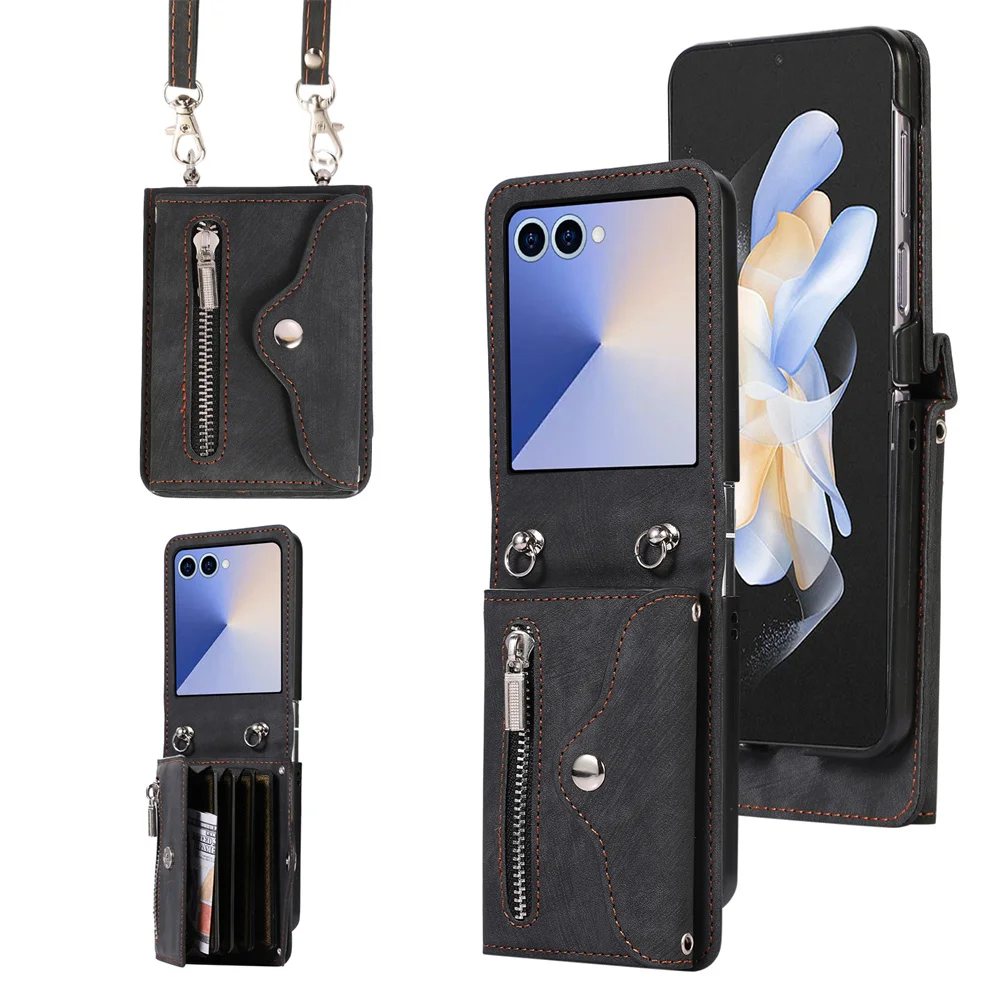 Кожаный чехол-кошелек на молнии через плечо для Samsung Galaxy Z Flip 7, 6, 5, 4, 3, Flip7 FE Flip6, Flip5, защитный чехол