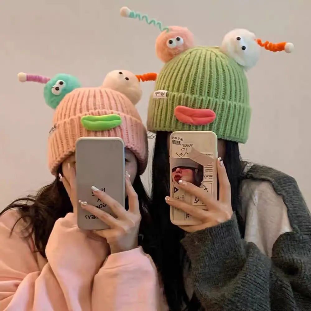 

Versatile Korean Style Sausage Mouth Beanie Soft Windproof Cartoon Knitting Hat Candy Color Funny Plush Pullover Hats Outdoor