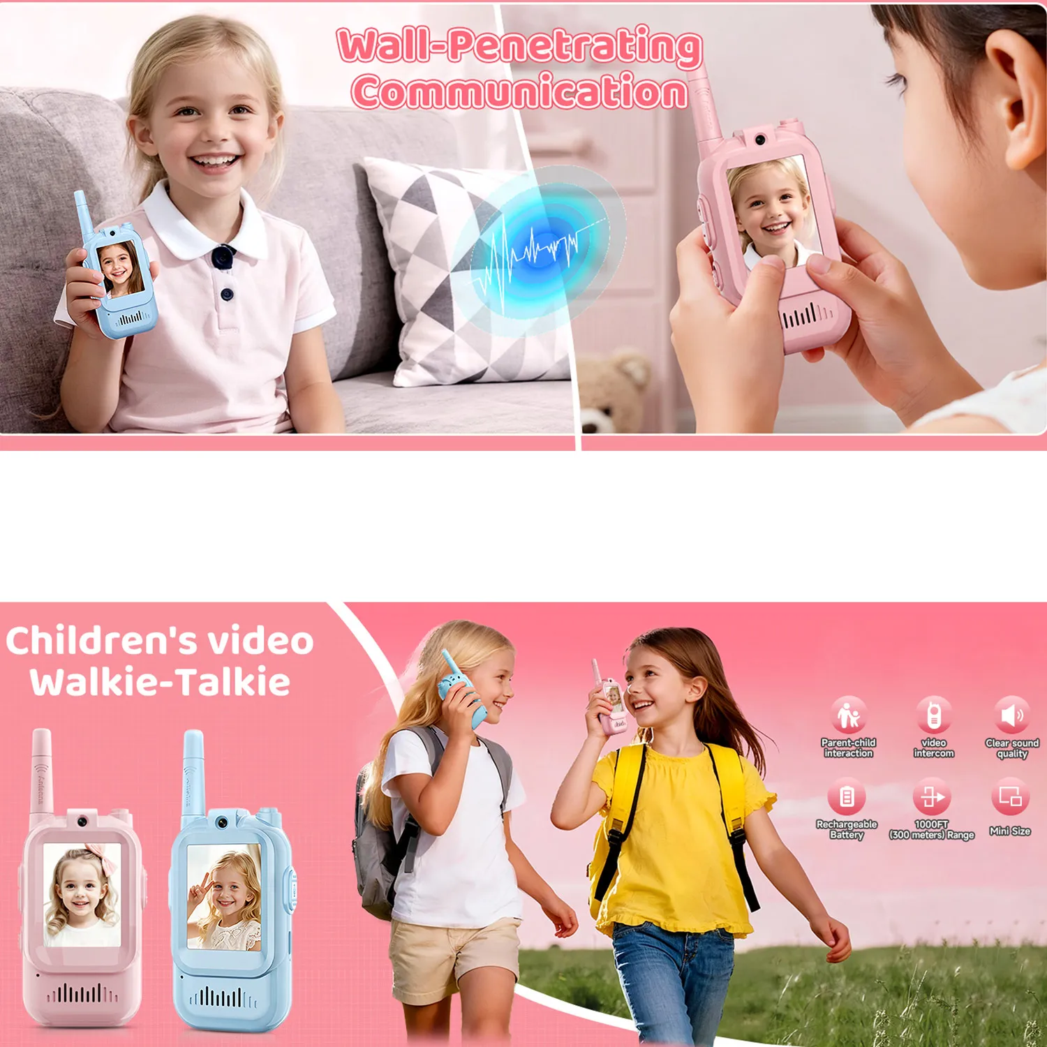 2個入り キッズビデオトランシーバー HDスクリーン付き - 充電式、子供用テクノロジーギフト、男の子と女の子のための双方向ラジオ、屋外遊び用
