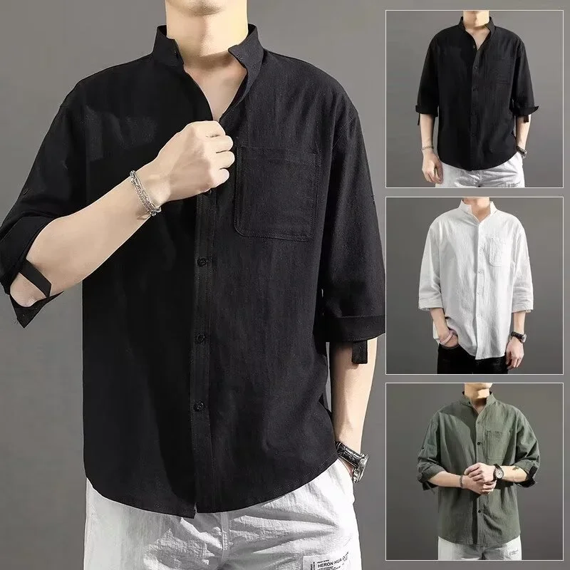 Summer Casual Short Sleeve Linen Shirts For Men Solid Color Stand Collar T-shirts Y2K Streetwear Hawaiian Beach Tee Shirt Man