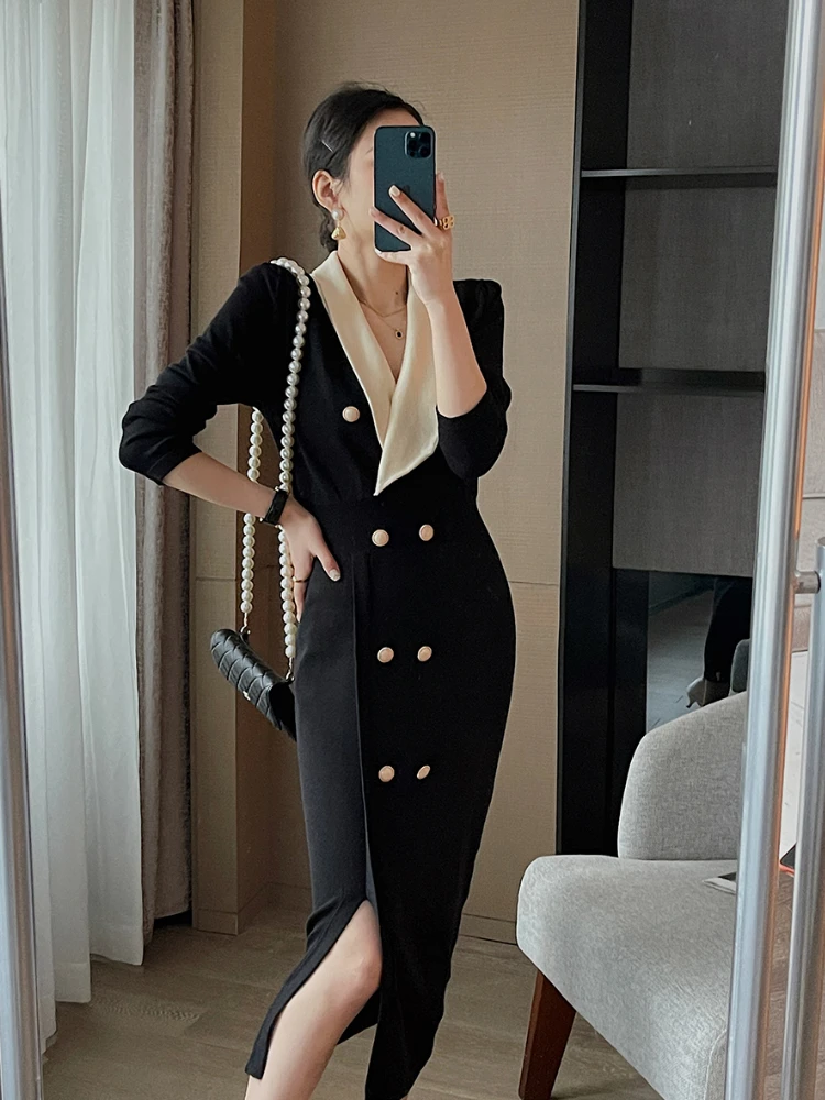 Autumn Elegant V-Neck Maxi Dresses for Women Long Sleeve Slim Bodycon Business Party Vestidos Femme Fashion Evening Dress Robe