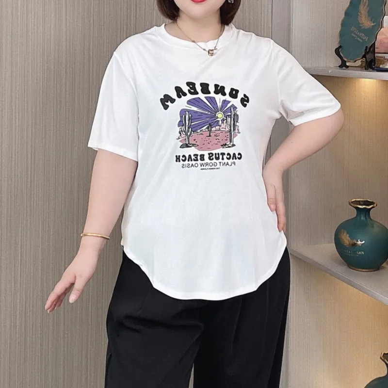 Summer Short Sleeve T-shirt Women 2024 New Plus Size Tees Loose Cactus Print Thin Top