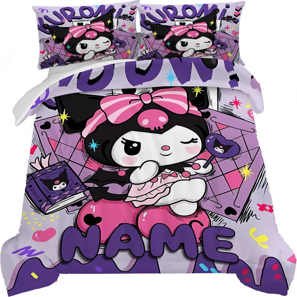 Conjunto de cama com capa de edredom kuromi personalizável, personalizado com seu nome, king queen, tamanho integral para quarto de crianças, melhores presentes