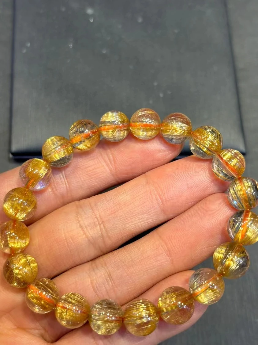 

Natural Gold Rutilated Quartz Titanium beads Bracelet 9.5mm Wealthy Woman Men Clear Round Beads Jewelry From Brazil AAAAAAA