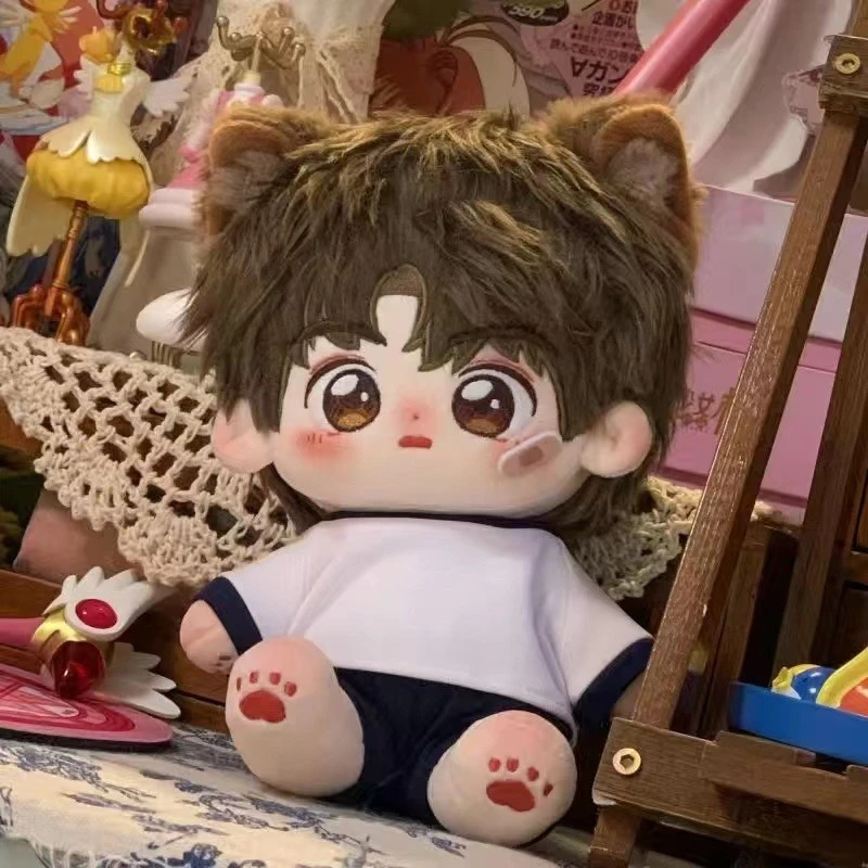 

20cm Kawaii Wolf Ears Cotton Dolls Anime Plush Stuffed Customization Figure Sportswear Boy Doll Wearable Clothing Dress Up Gifts