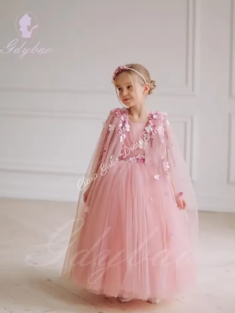 Light Blue Appliqué Flower Girl Dress with Puffy Tulle Skirt Luxurious Princess Style Children's Party and First Communion Ball