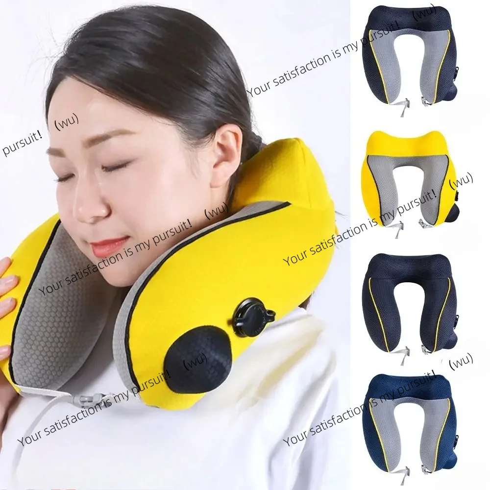 for New U-shaped Travel Neck Pillow Elastic Fabric Foldable Inflatable Pillow Press Type Neck Support Cushion Airplane Pillow