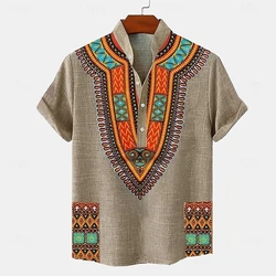Linen 100% solid color hot selling shirt half cardigan button stand collar solid color shirt linen men's tops European size