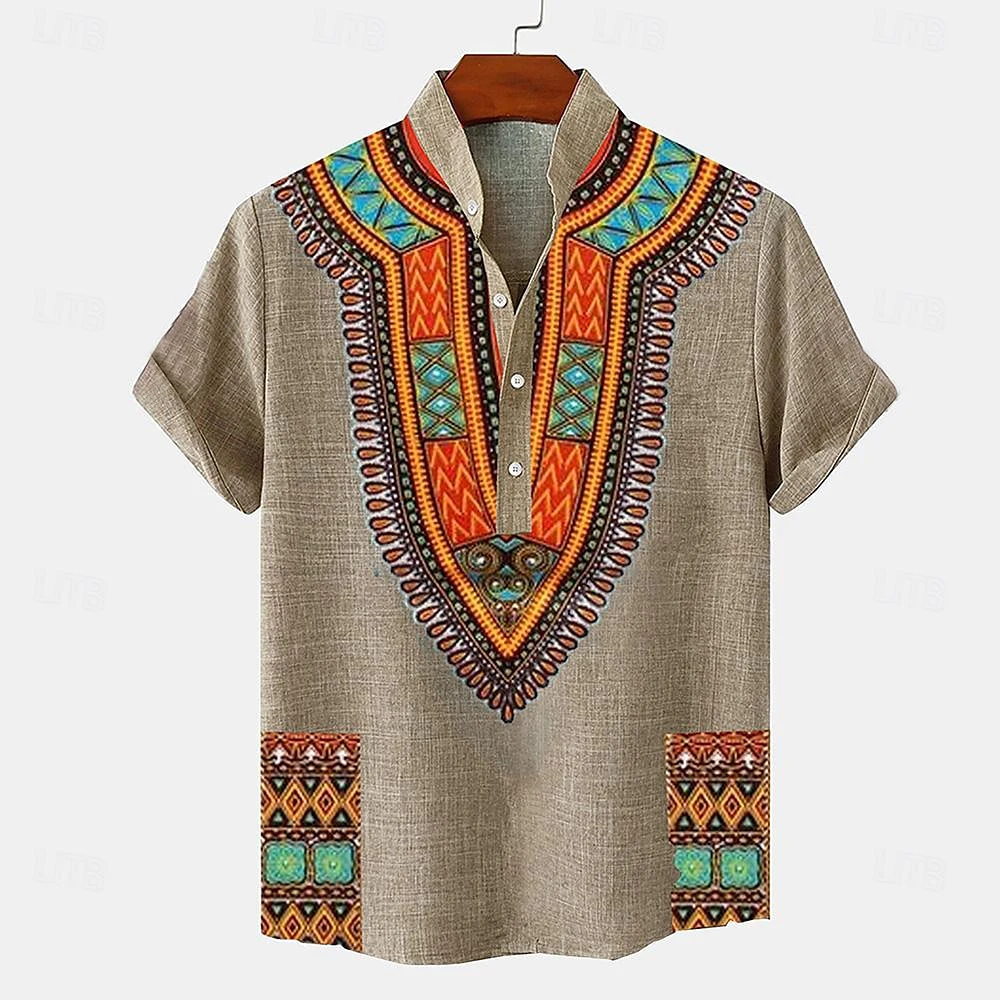 Linen 100% Solid Color Hot Selling Shirt Half Cardigan Button Stand Collar Solid Color Shirt Linen Men's Tops European Size