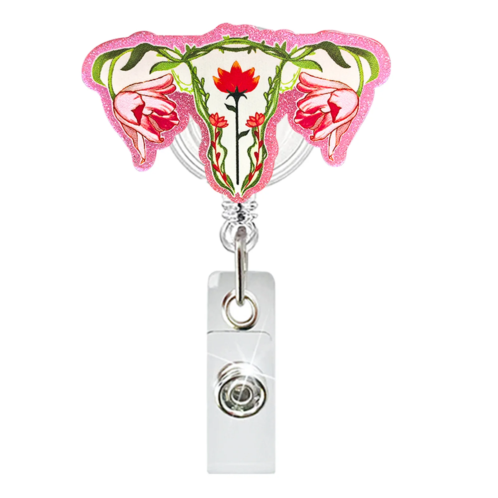 New Acrylic Sparkling Powder Uterine Flower Expandable Rotating Badge Scroll Doctor Nurse ID Buckle Easy Pull Buckle
