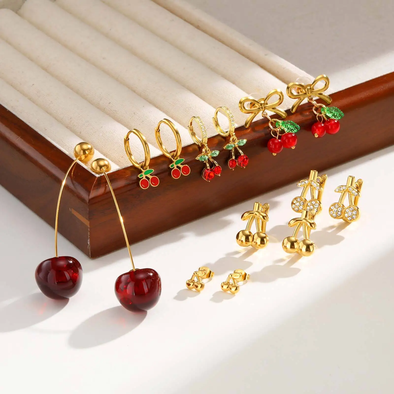 Red Cherry Earrings for Women, Fashion Delicate Fruit Hoops Dangle Earrings, 18K PVD Plated Wedding Party Ear Jewelry