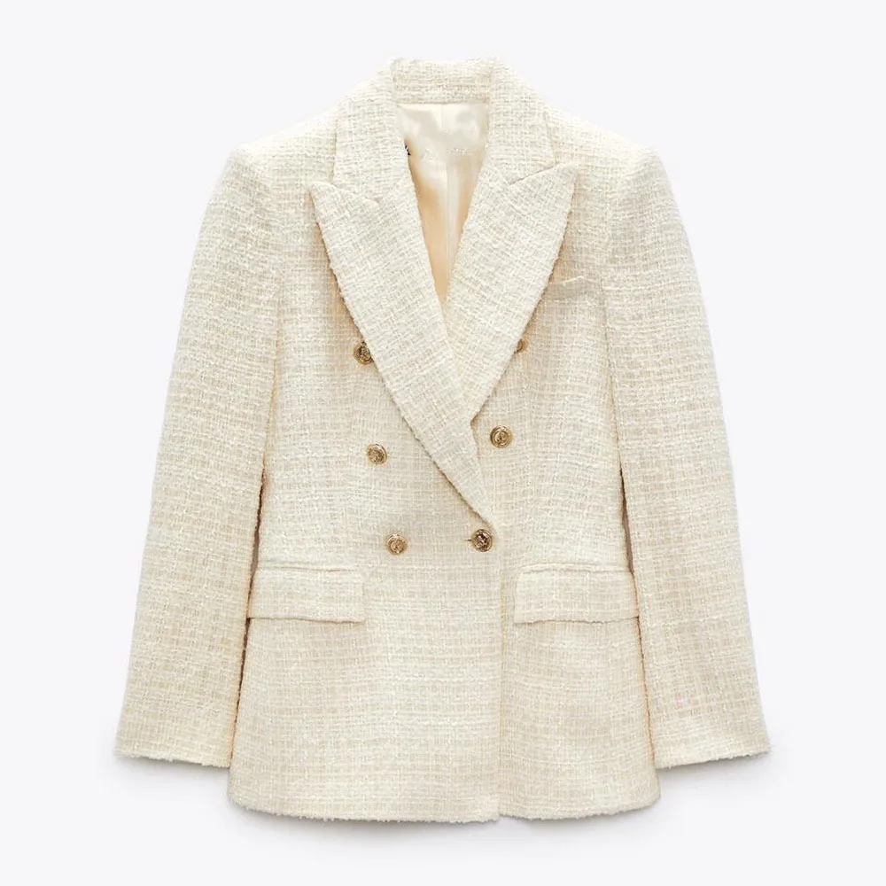 ZBZA Women Textured Blazer Coat Tailor Collar Double-breasted Long-sleeved Solid Patch Pocket Loose Jacket Spring Fall New Coat