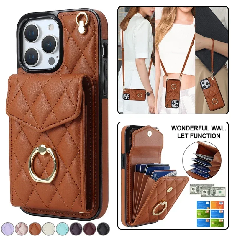 

Crossbody Lanyard Leather Wallet Card Phone Case for IPhone 15 Pro Max 14 Plus 13 12 Mini 11 SE 2022 X XS XR 8 7 Ring Flip Cover